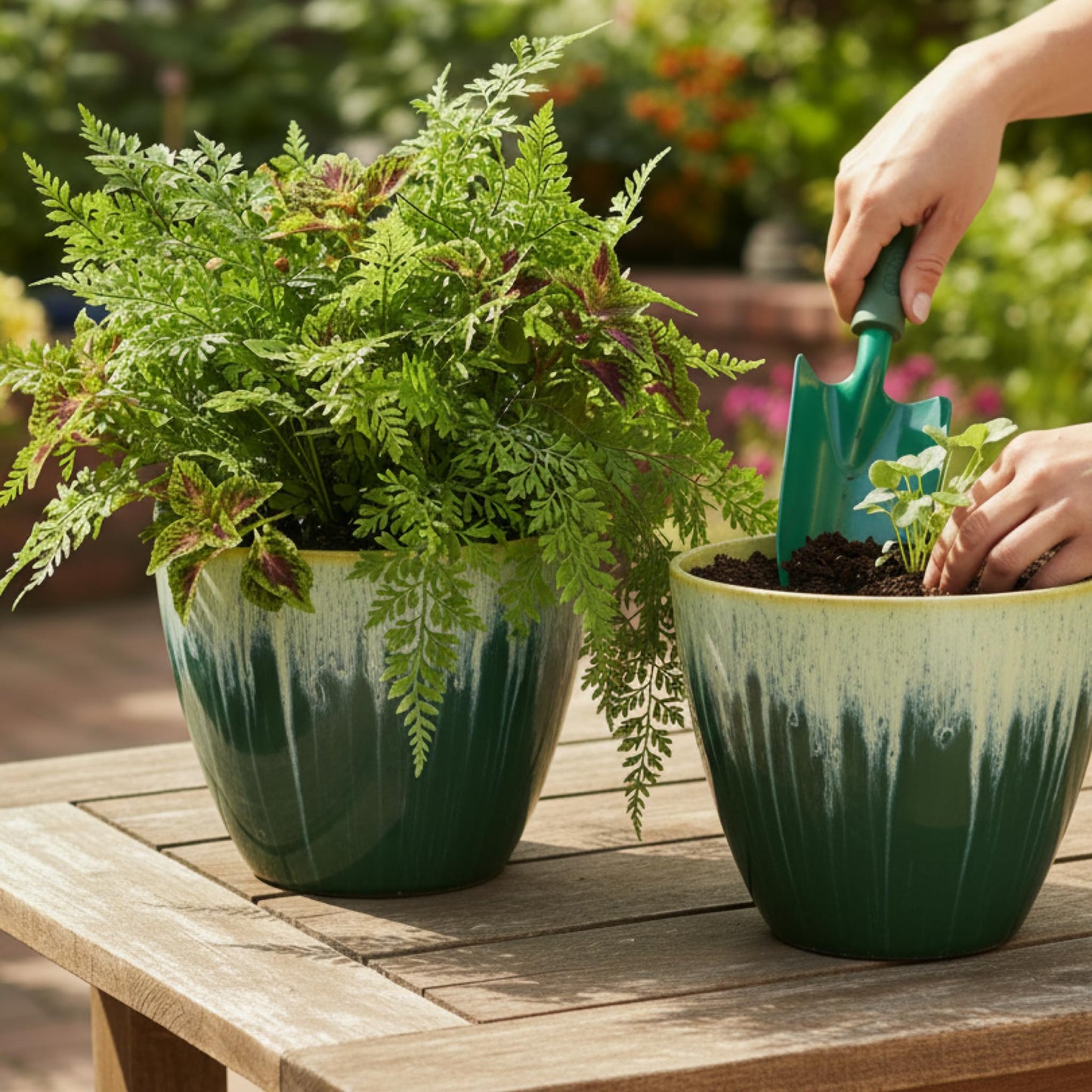 LESOASIS 8 inch Plant Pots with Drainage Holes, Pack of 4 Plastic Flower Pots Indoor, Modern Glossy Finishing Planter for Indoor Outdoor Plants (Green Glaze, 4 Pack)