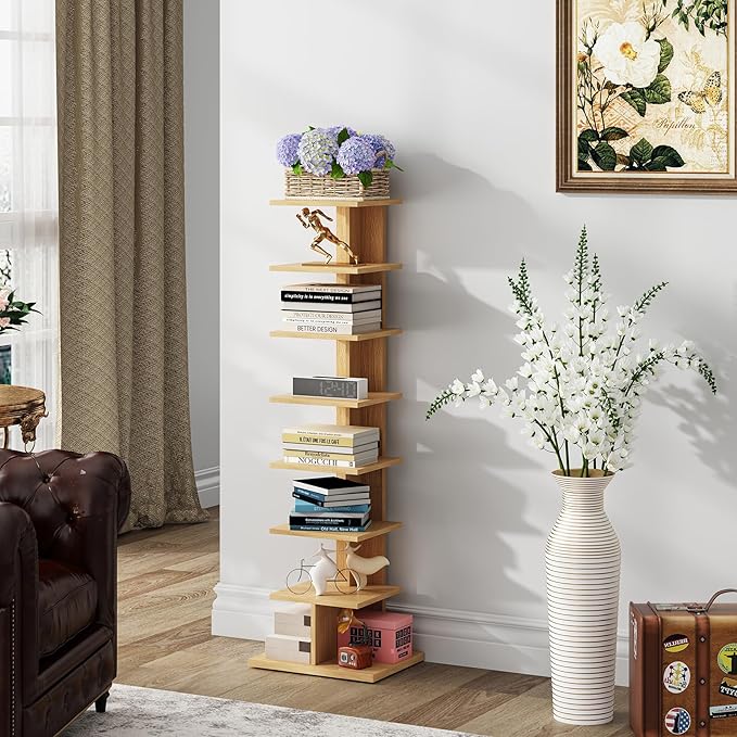 TUTOTAK Narrow Bookshelf, 8-Tier Bookcase, Spine Book Shelf
