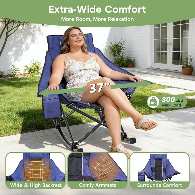 Suteck Oversized Rocking Camping Chair, Thick Padded Folding Rocking Chair