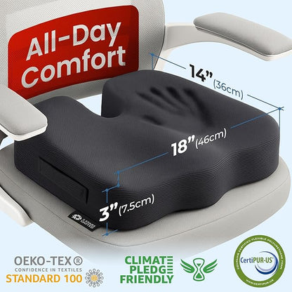 Seat Cushion for Office Chairs - Tailbone, Coccyx Pain Relief - Butt, Pressure & Sciatica Relief - Gaming, Wheelchair, Car & Desk Pillow, Black