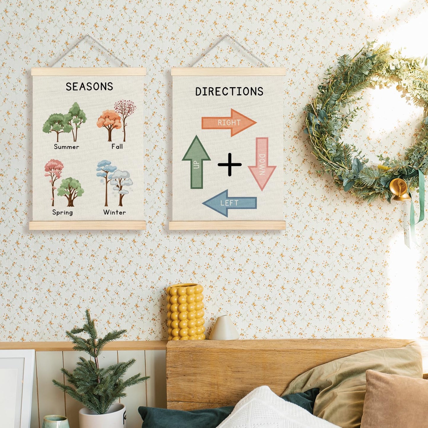 Supwhd Classroom Wall Decor, Four Seasons Tree Directions Wall Art Poster, Spring Summer Fall Winter Directions Educational Poster for Nursery Kids Room Playroom Classroom Decor, 12x16 Set of 2