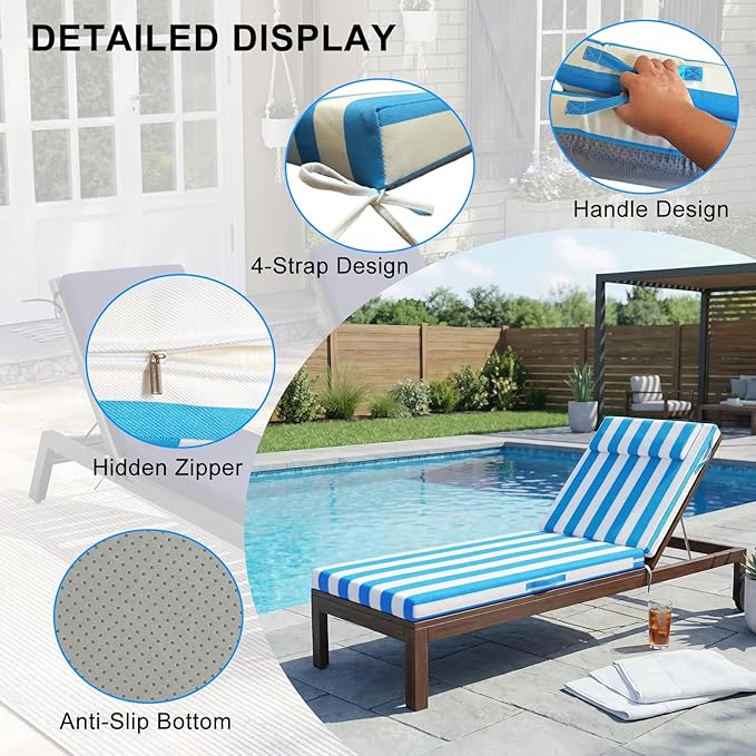 Outdoor Chaise Lounge Cushions, 71x21 Inch Olefin Water & Fade Resistant Pool