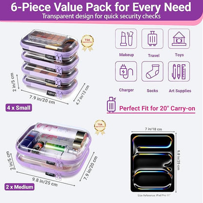 6 Pack Purple Clear Hard Shell Beauty Organizer (2M+4S), 1.2mm Heavy Duty Crush-Proof Cosmetic Case, Reinforced YKK Zippers, Stadium Approved Security Bag for Skincare & Electronics, Multi-Size Set