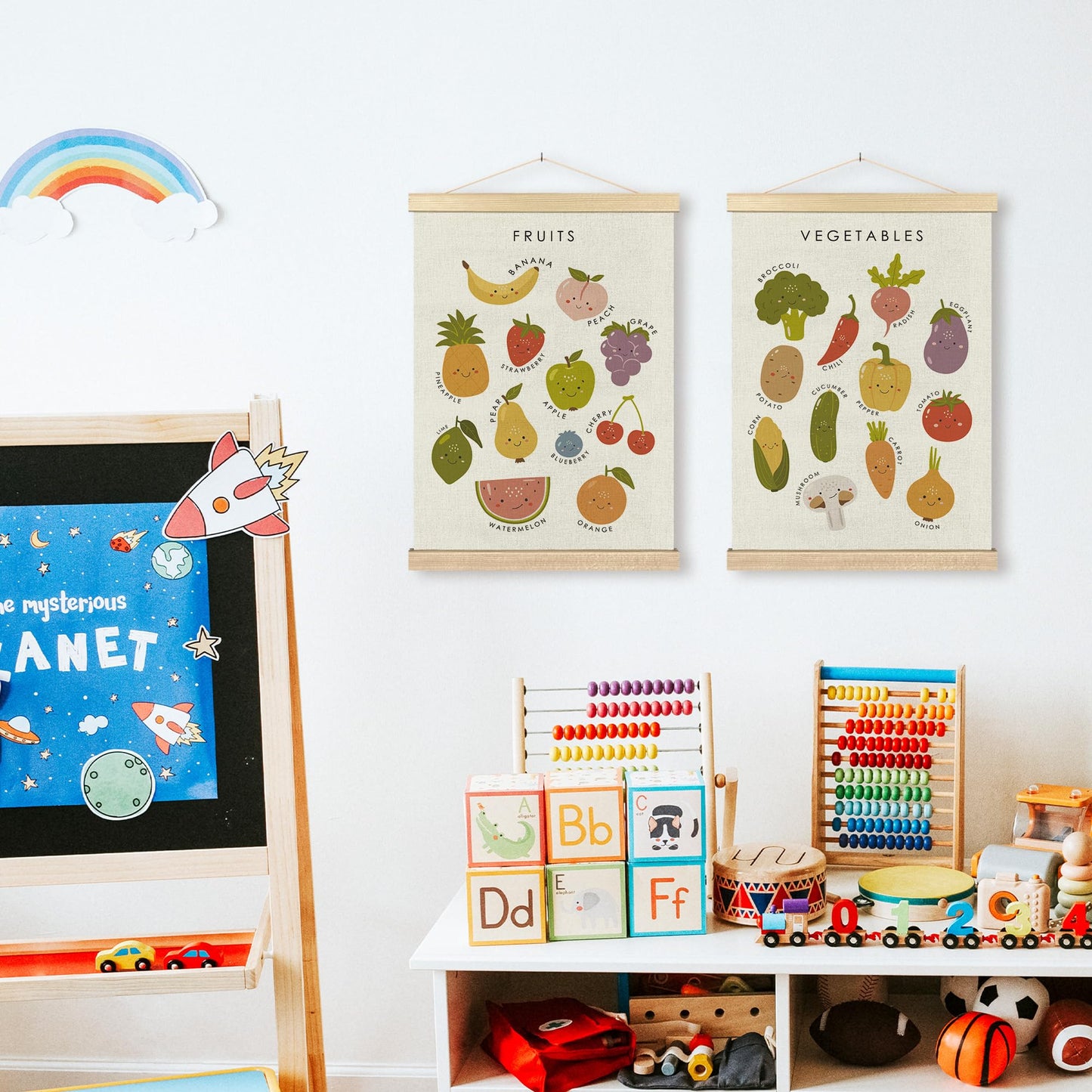 BCUANGD Fruits Vegetables Wall Decor - Toddlers Kids Preschool Poster Hanger with Wood Frames Set of 2, Educational Learning Wall Hanging Canvas Decor for Kids Room Nursery Home, 12x16 Inches