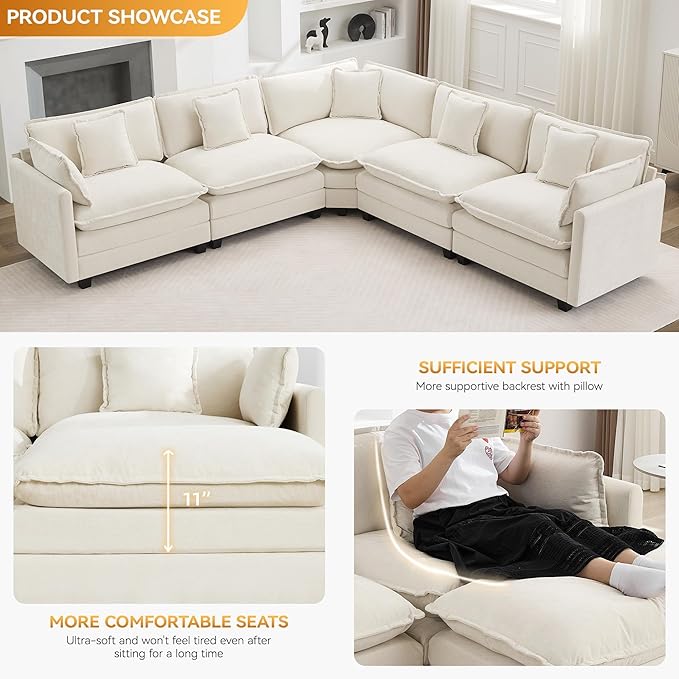 113'' V Shaped Cloud Sectional Sofa, Oversized Deep Seat Couches