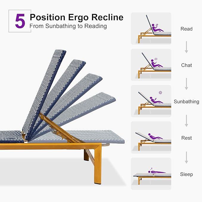 PURPLE LEAF Patio Chaise Lounge French Outdoor Lounger 2 Pieces Wood-Grain