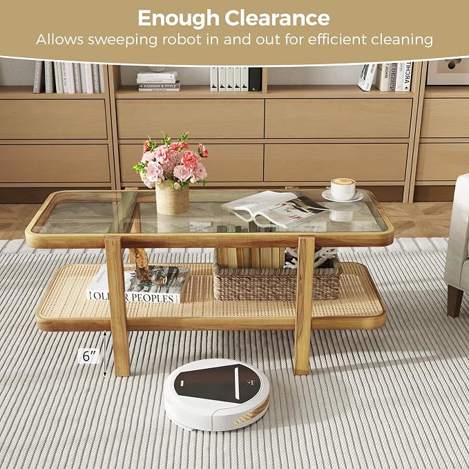 Giantex Rattan Coffee Table, 47.5" Rectangle Solid Wood Tea Table w/Tempered Glass Tabletop, Rattan Storage Shelf, 2-Tier Boho Coffee Tables, Farmhouse Center Table for Living Room (Oak)