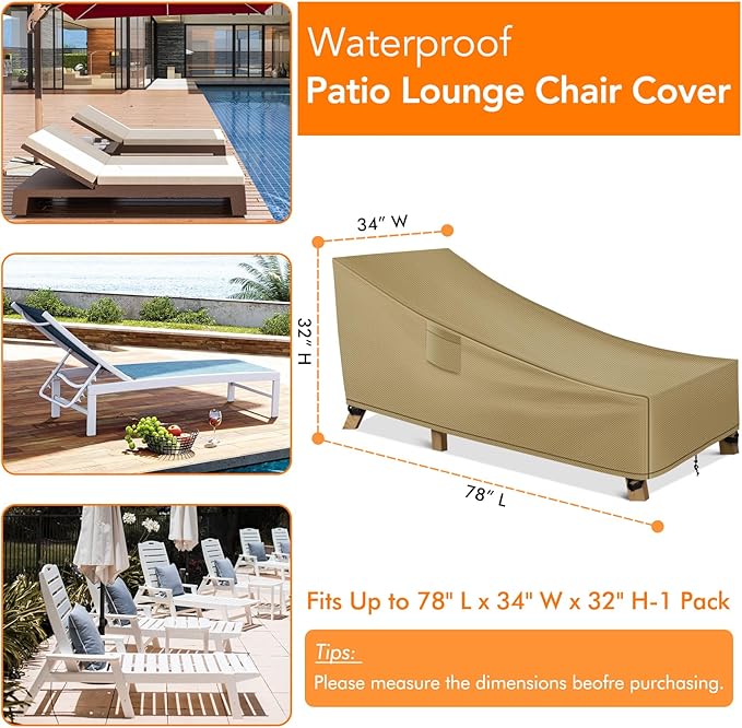 WLEAFJ Patio Chaise Lounge Cover Waterproof, Heavy Duty Outdoor Lounge Chair