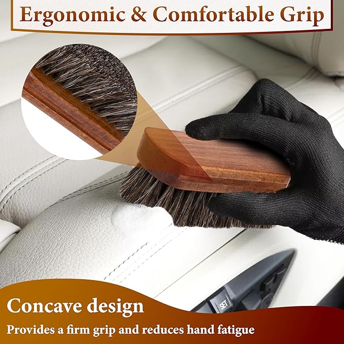 2 PCS Leather Brush Car Detailing, Horse Hair Brush, Car Cleaning Supplies
