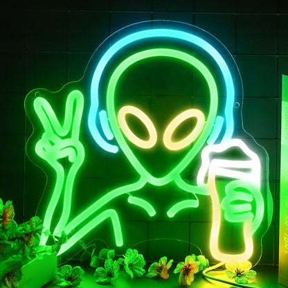 KHK Green Alien Neon Sign - USB Battery Powered LED Wall Sign for Game Room, Home Bar, Party, Bedroom & Man Cave Decor for Teens and Kids Lights Led Gaming for Boy & Girl Room Decor -Best Gamer Gifts for Boys Kids (11.8*11.8in)