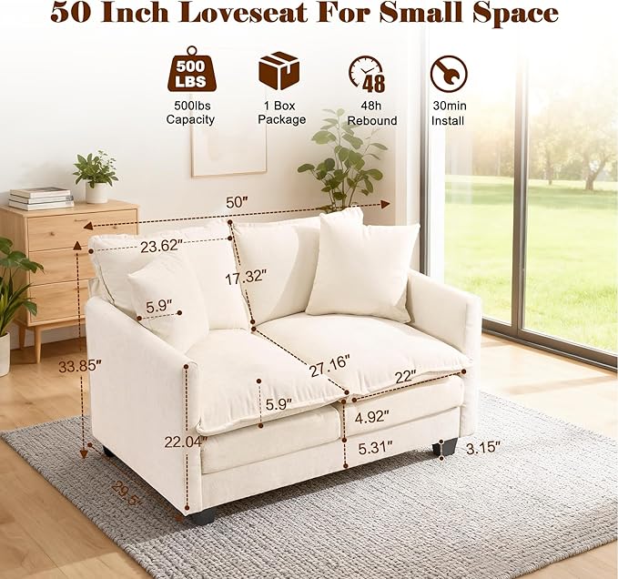Loveseat Sofa Cloud Sofa Couch 50'', Modern Loveseats 2 Seat Couch 27" Deep Seat