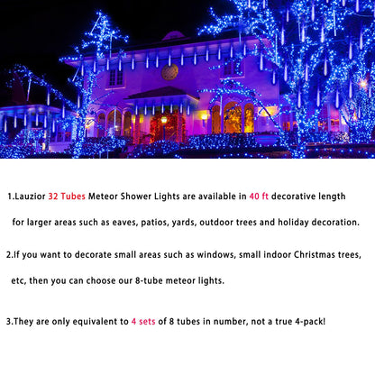 Christmas Lights Outdoors, 32 Tubes(Equivalent to 4 Sets of 8-Tubes) Meteor Shower Rain Lights - Blue lcicle Christmas Light Outdoor for Xmas Tree Wedding Party Holiday House Yard Decor, UL Plug