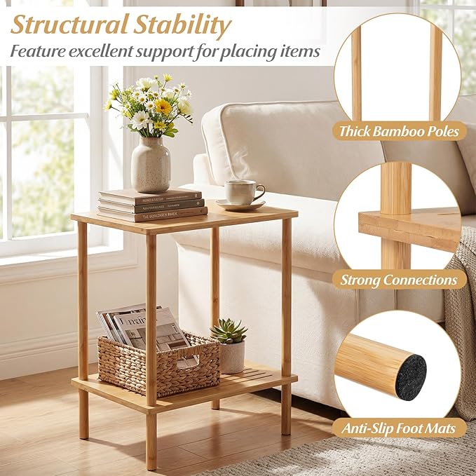 Giantex Bamboo Side Table Set of 2, 2-Tier Sofa End Bedside Table w/Storage