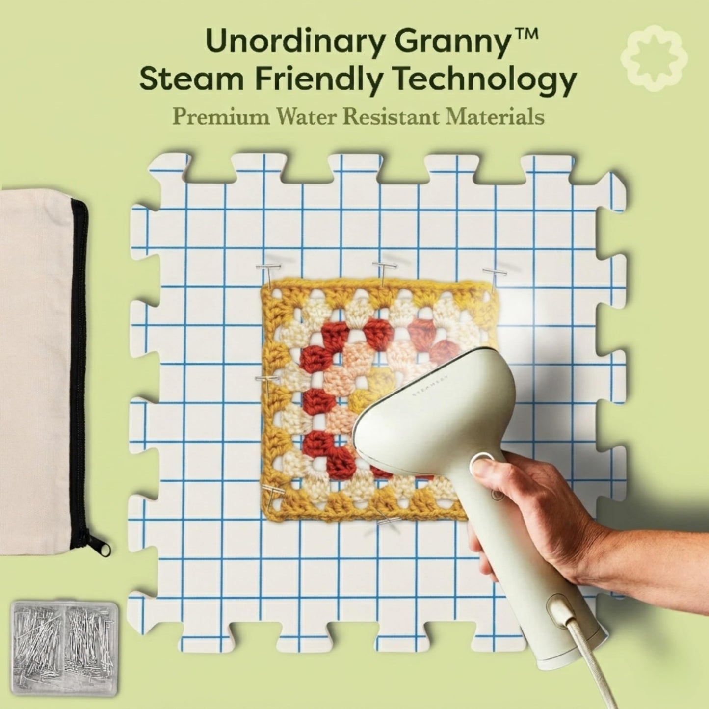Unordinary Granny Crochet Blocking Board Set – 9 Extra Thick Interlocking Mats with Grid, 150 T-Pins, Felt Storage Bag and Cotton Pouch (Soft White)
