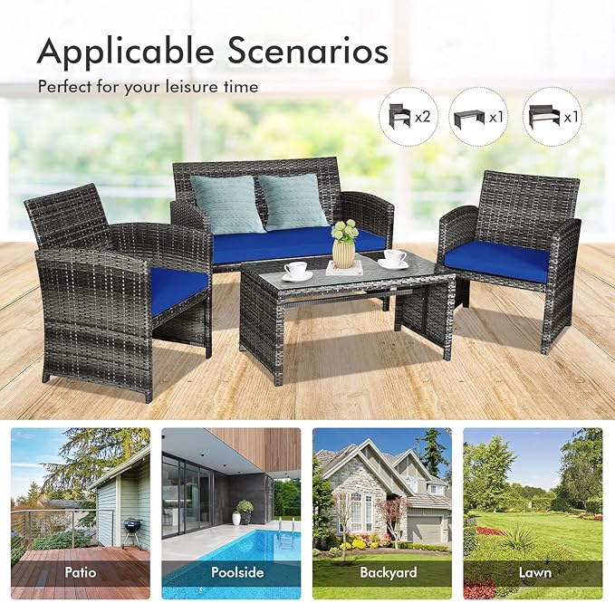 Goplus 4-Piece Rattan Patio Furniture Set, Outdoor Wicker Conversation Sofa
