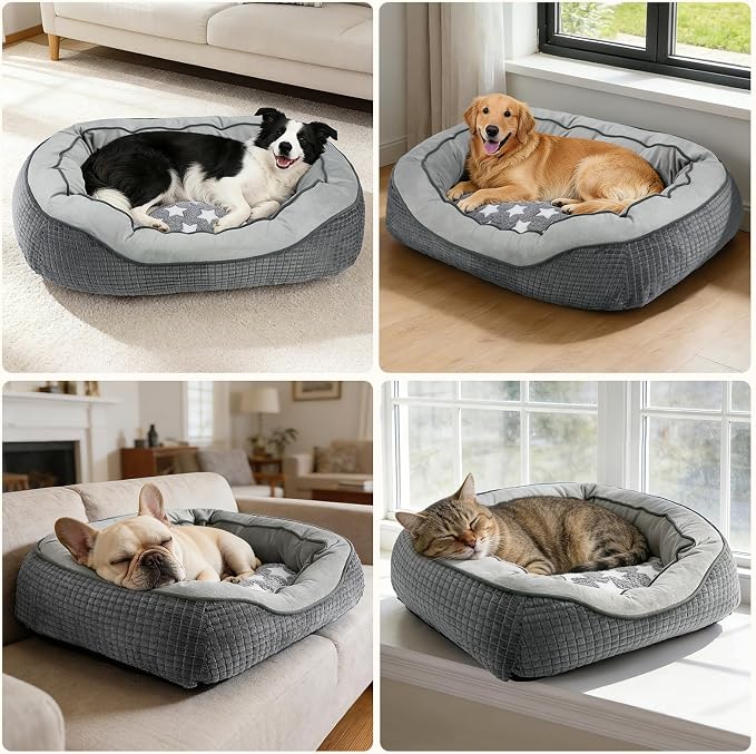 Dog Beds for Small Medium Large Dogs & Cats. Washable Pet Bed, Orthopedic Dog Sofa Bed, Soft Calming Sleeping Warming Puppy Bed (Star-Grey, Medium-(25’’x 21’’x 8’’))