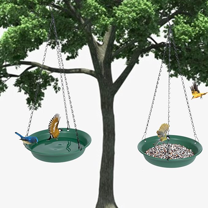 VUWEZ Hanging Bird Feeder & Bath for Outdoors, Wild Bird Feeders Tray, Hanging Birdfeeder Birdbath for Outside, Cardinal, Blue Jay, Crow, Birdfeeders Trays (10", 1 Pcs with Hole & 1 Pcs No Hole)