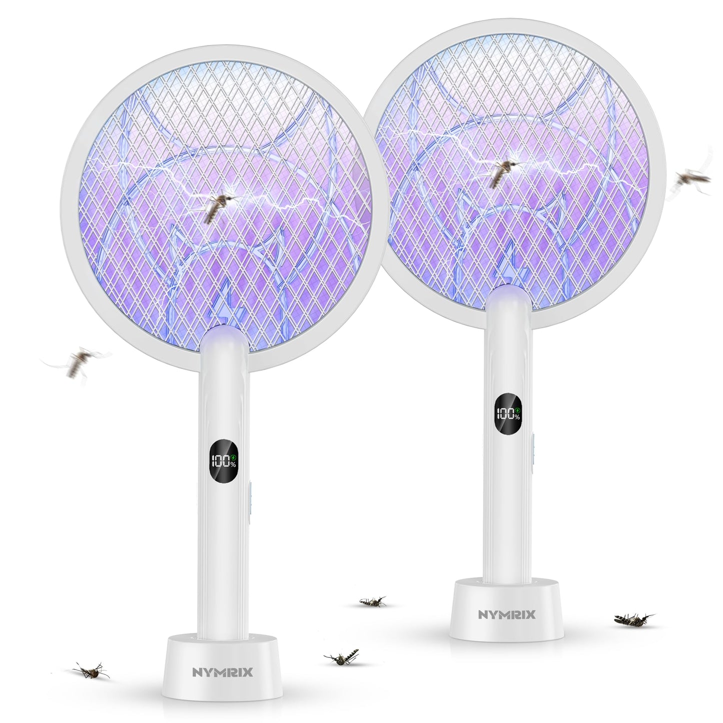 Nymrix Electric Fly Swatter Racket,2 in 1 Mosquito Bug Zapper 4100V Handheld Mosquito Killer with 1800 mAh Rechargeable Battery, Purple Light and 3-Layer Safety Mesh for Indoor Outdoor Grey Two-Pack