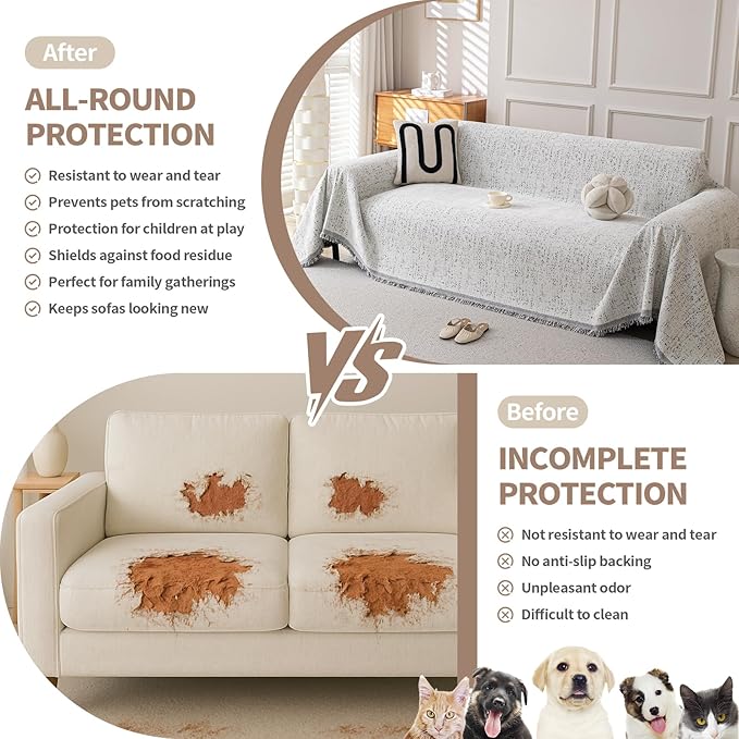 Couch Cover for Dogs, Boho Sofa Covers for 3 Cushion Couch, Chenille Slipcover