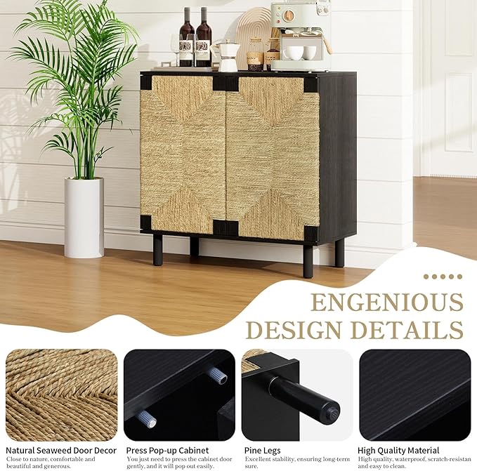 31.5" Black Accent Storage Cabinet, Modern Boho Sideboard