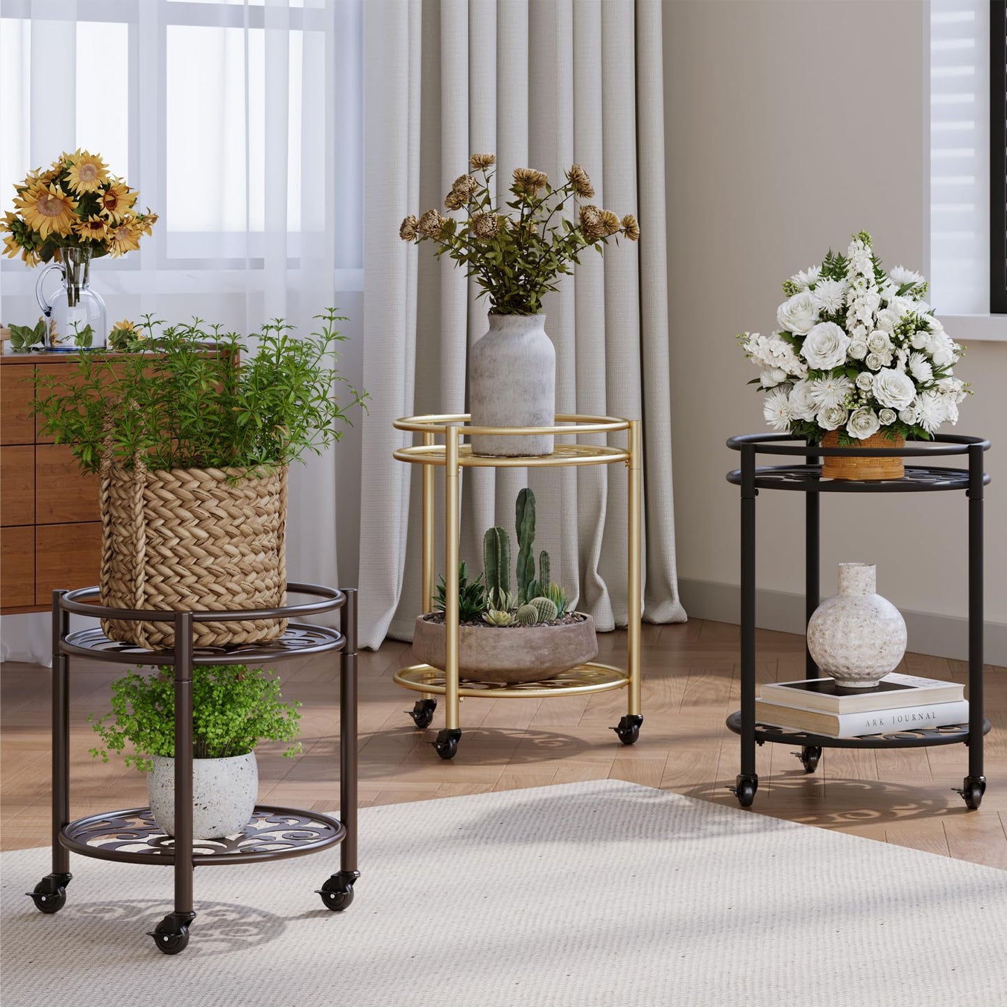 Rioneta Rolling Plant Stand with Wheels – 2 Tier Flower Pot Holder for Indoor & Outdoor, Easy Move Cart for Balcony, Patio, Garden, 165 lbs Capacity Coffee