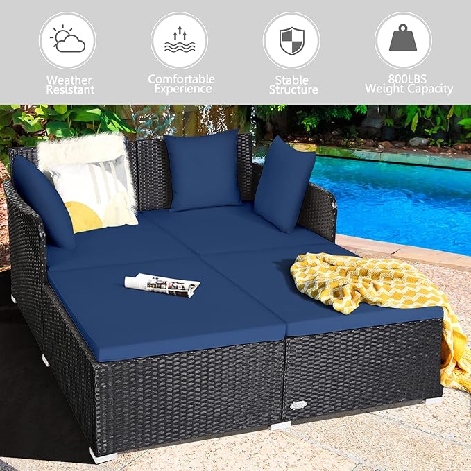COSTWAY Outdoor Patio Rattan Daybed, Sponge Cushioned Loveseat Sofa