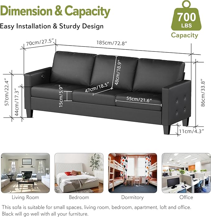 STHOUYN 73” Black Faux Leather Sofa Couch, Modern Comfy Office 3 Seater Couch