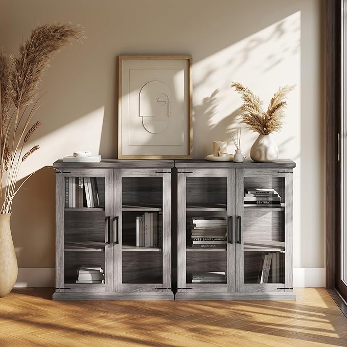 BELLEZE Set of 2 Glass Display Cabinet, Living Room, or Kitchen