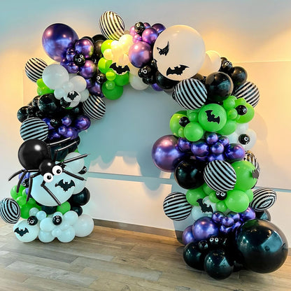 Halloween Balloons Garland Arch Kit, 120pcs Black White Green Purple Balloons, Metallic Purple Spider Striped Foil Balloon 3D Bat Stickers for Happy Halloween Birthday Haunted Theme Party Decorations