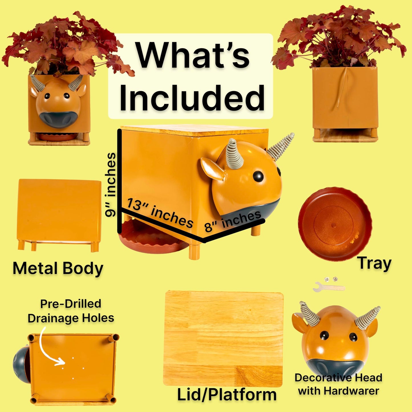 Made Easy Kit Animal Planter Box – Metal Plant Pot with Drainage, Drip Tray & Wooden Base – Indoor Outdoor Cute Garden & Yard Décor - All Weather Durable (Cow)