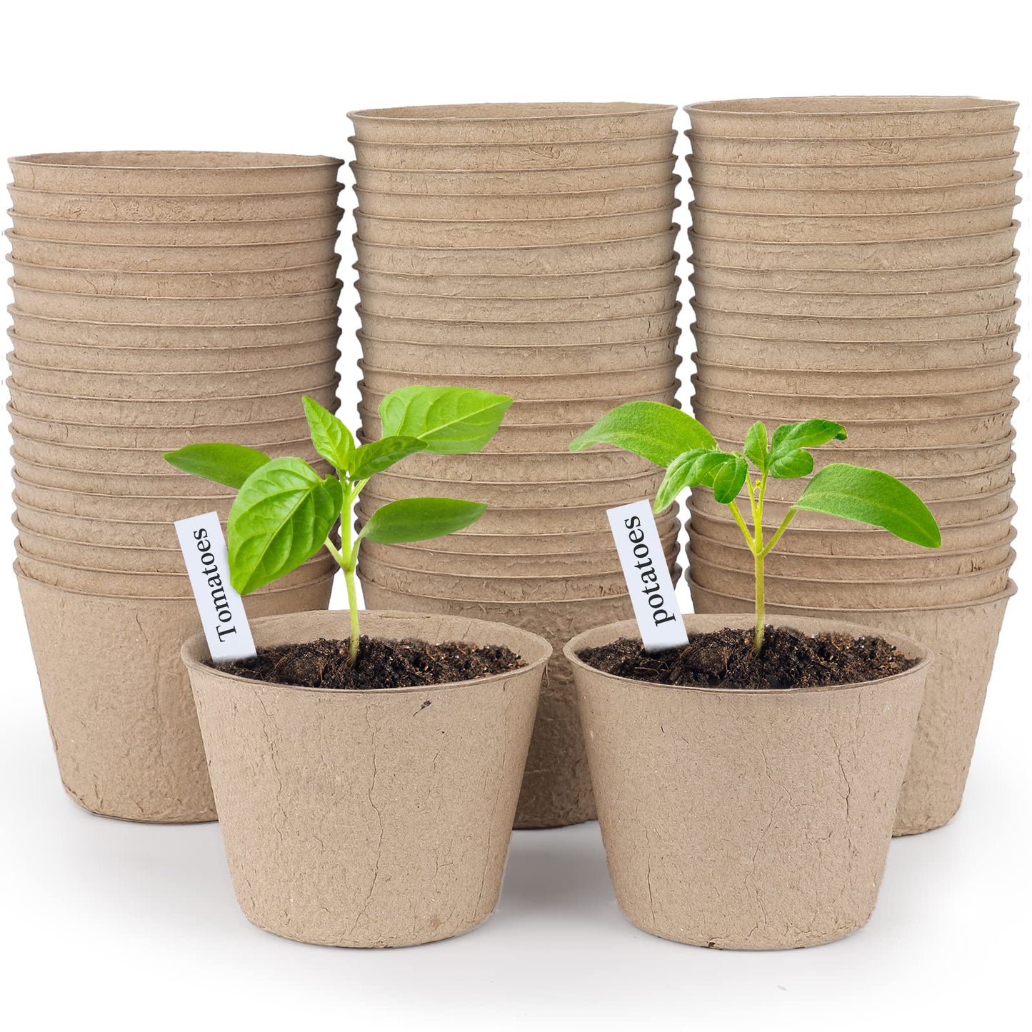 homenote Peat Pots, 4 Inch Seed Starting Pots with Drainage Holes Round(120 Pcs) with 4 Inch Plastic Plant Labels Waterproof Plant Tags(200 Pcs)