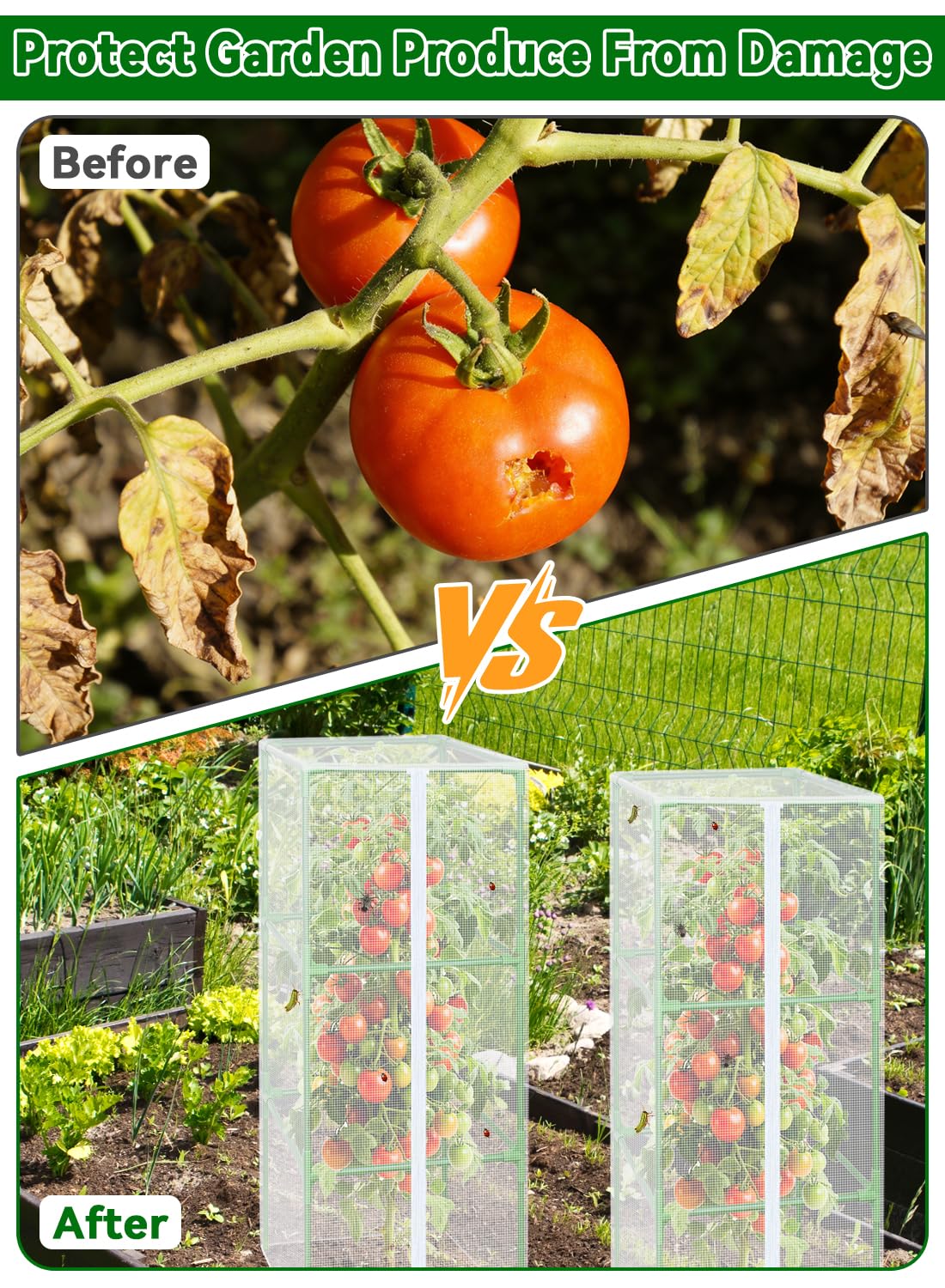 ZeeDix 43.3" x 16.1" Garden Bird Netting for Square Tomato Cage, 2 Pack Garden Mesh Barrier, Plant Covers Protect Tomatoes, Vegetables, Blueberry Bush from Birds & Pests