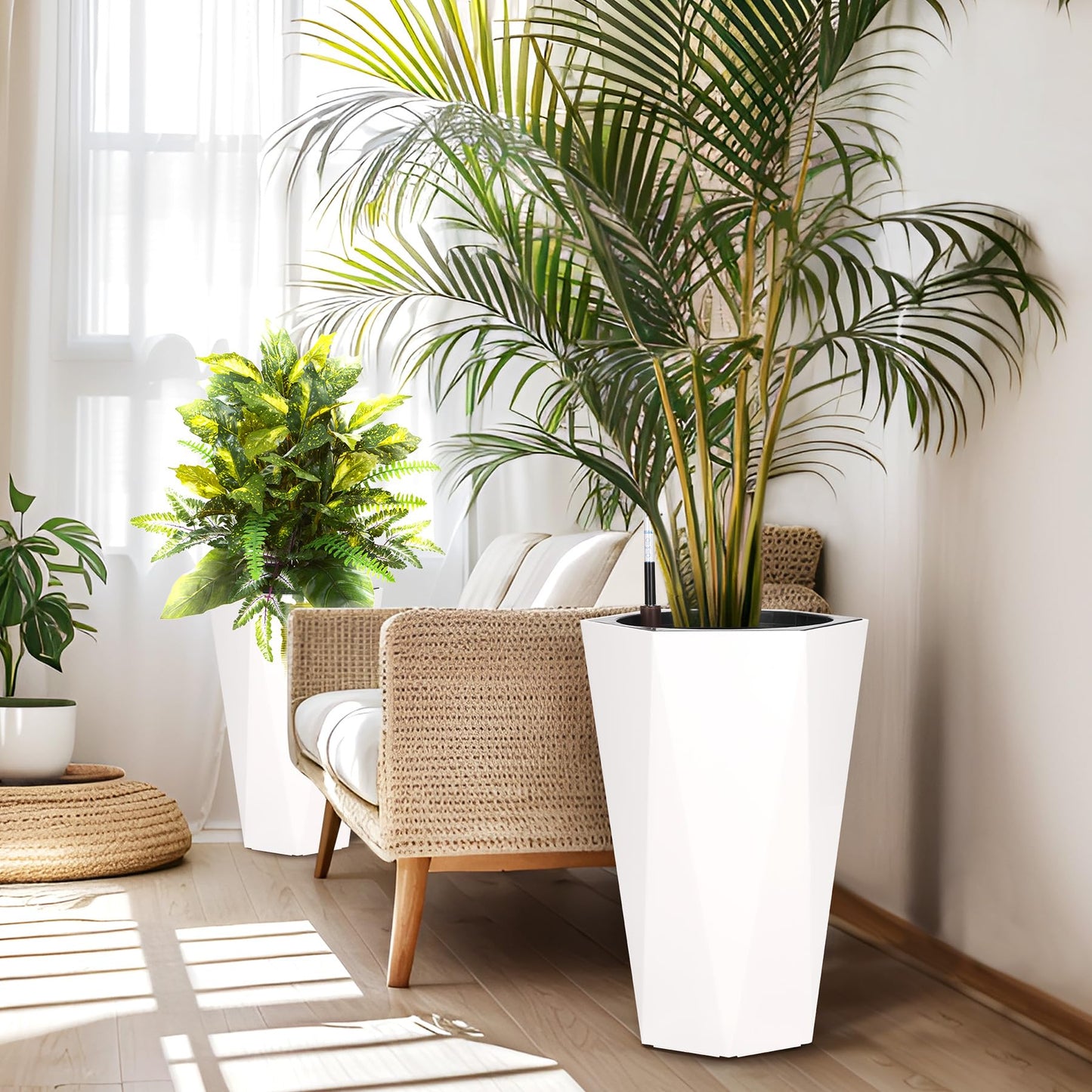 GarveeLife 22.5 in Tall Diamond Planters Set of 2, Self Watering Planters with Water Level Monitor, Flower Pots Outdoor and Indoor for Patio, Porch, Living Room, Home Office, White