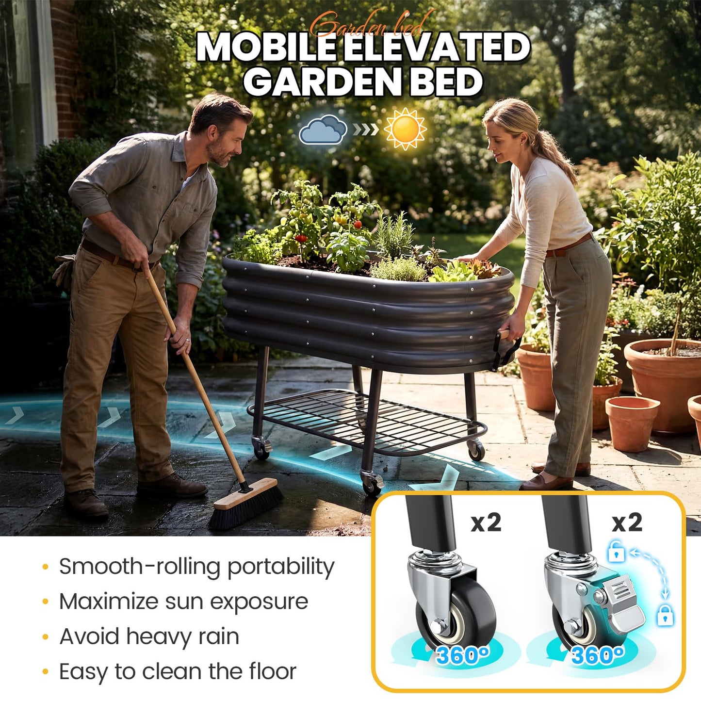 KING BIRD Large Raised Garden Bed with Legs Galvanized Elevated Planter Box 47.2x23.6x29.9 in for Backyard, Patio, Balcony, Dark Grey