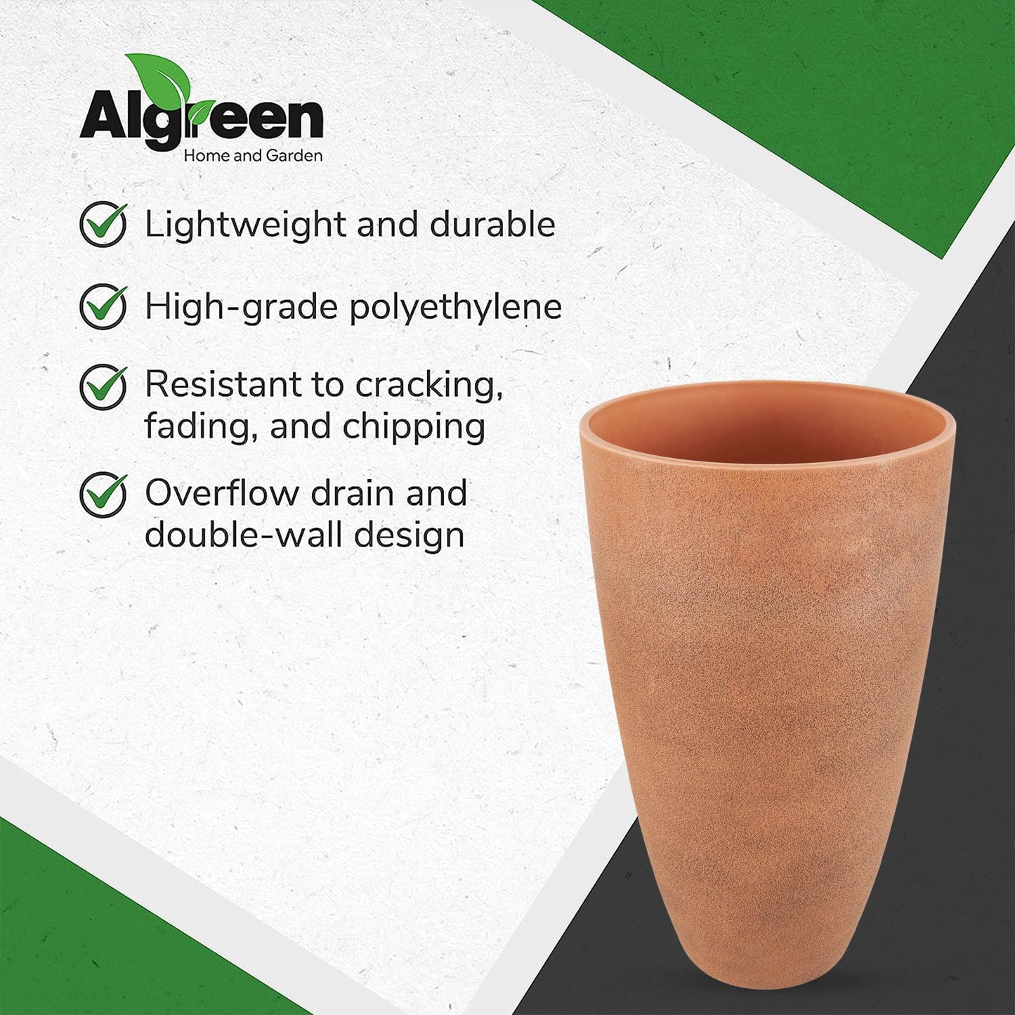 Algreen 43729 Acerra Weather Protected Recycled Composite Vase Planter Pot, Indoor or Outdoor use, Tall Lightweight 7 pounds, Rust