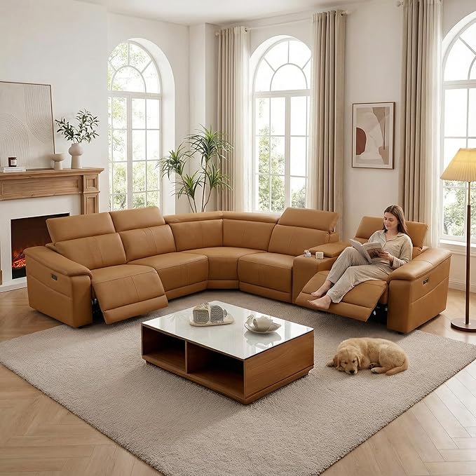 Power Recliner Sectional Sofa, L-Shaped Living Room Furniture Set, Light Brown