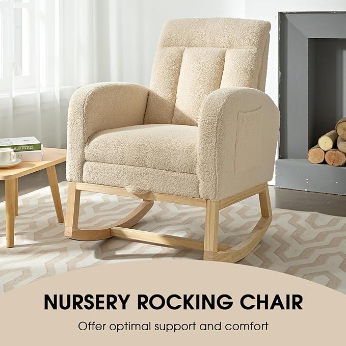 NIOIIKIT Modern Nursery Rocking Chair, Teddy Upholstered Rocking Chair
