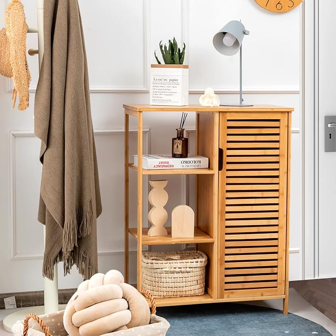 Tangkula Bamboo Bathroom Floor Cabinet, Storage Cabinet