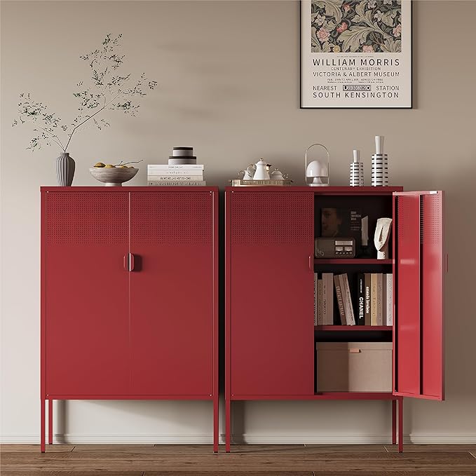 Metal Storage Cabinet, 2 Door TV Stand, Metal Mesh Accent Cabinet, Magnetic
