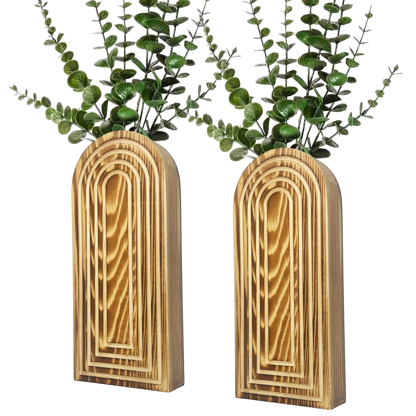 2 Pack Wooden Wall Vase Set - Boho & Modern Farmhouse Wall Decor, Hanging Planter for Indoor Plants & Flowers, Wood Mounted Art for Living Room, Bathroom, Hallway, Home Decor (Burnt Wood, Medium)