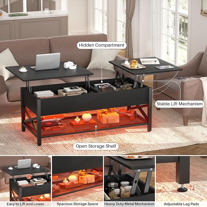 Aheaplus Black Lift-Top Coffee Table