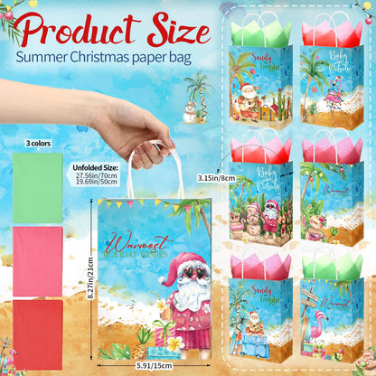 Sinload 36 Sets Summer Christmas Party Gift Bags with Tissue Paper Xmas in July Santa Tropical Goodie Bags with Handle Christmas Treat Tote Hawaiian Flamingo for Beach Pool Birthday Party Decoration