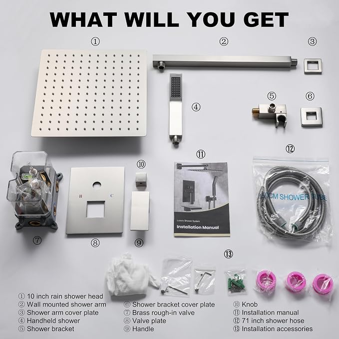 Brushed Nickel Shower System with 10-Inch Rain Showerhead and Handheld | Innovative air-injection technology for low pressure, high-flow rate up to 3.22 GPM ensuring powerful consistent stream