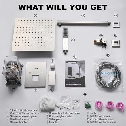 Brushed Nickel Shower System with 10-Inch Rain Showerhead and Handheld | Innovative air-injection technology for low pressure, high-flow rate up to 3.22 GPM ensuring powerful consistent stream