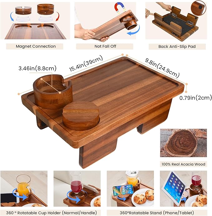 GEHE Real Acacia Wood Couch Armrest Table, 15.4"x9.8" Couch Arm Tray Table