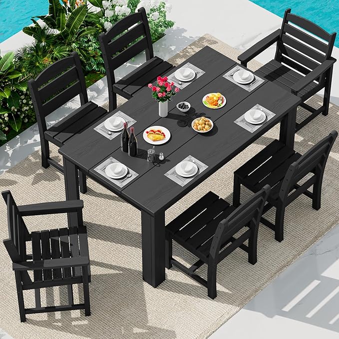 SERWALL HDPE Dining Set for 6: 1 Umbrella Hole Table, 4 Armless + 2 Armchairs.
