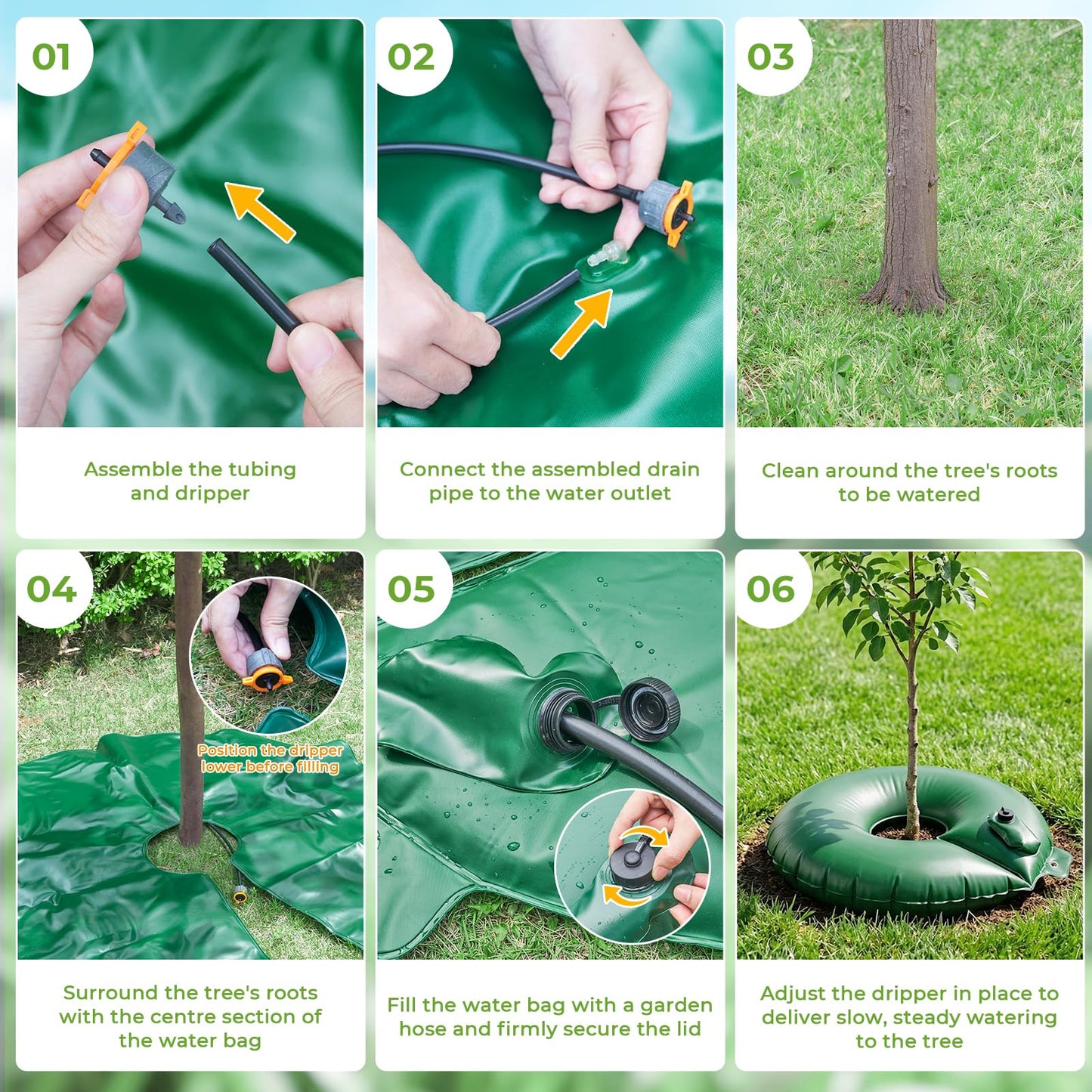 HIRALIY 20 Gallon Tree Watering Bag, 4 Pack Watering Ring, Slow Release 1-5 Days, Deep Root & Automatic Drip Irrigation System, for Multi-Trunk Newly Planted Small Trees and Shrubs