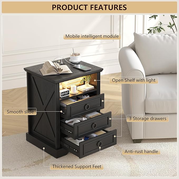 Nightstand with Charging Station, Farmhouse End Side Table with 3 Drawers and