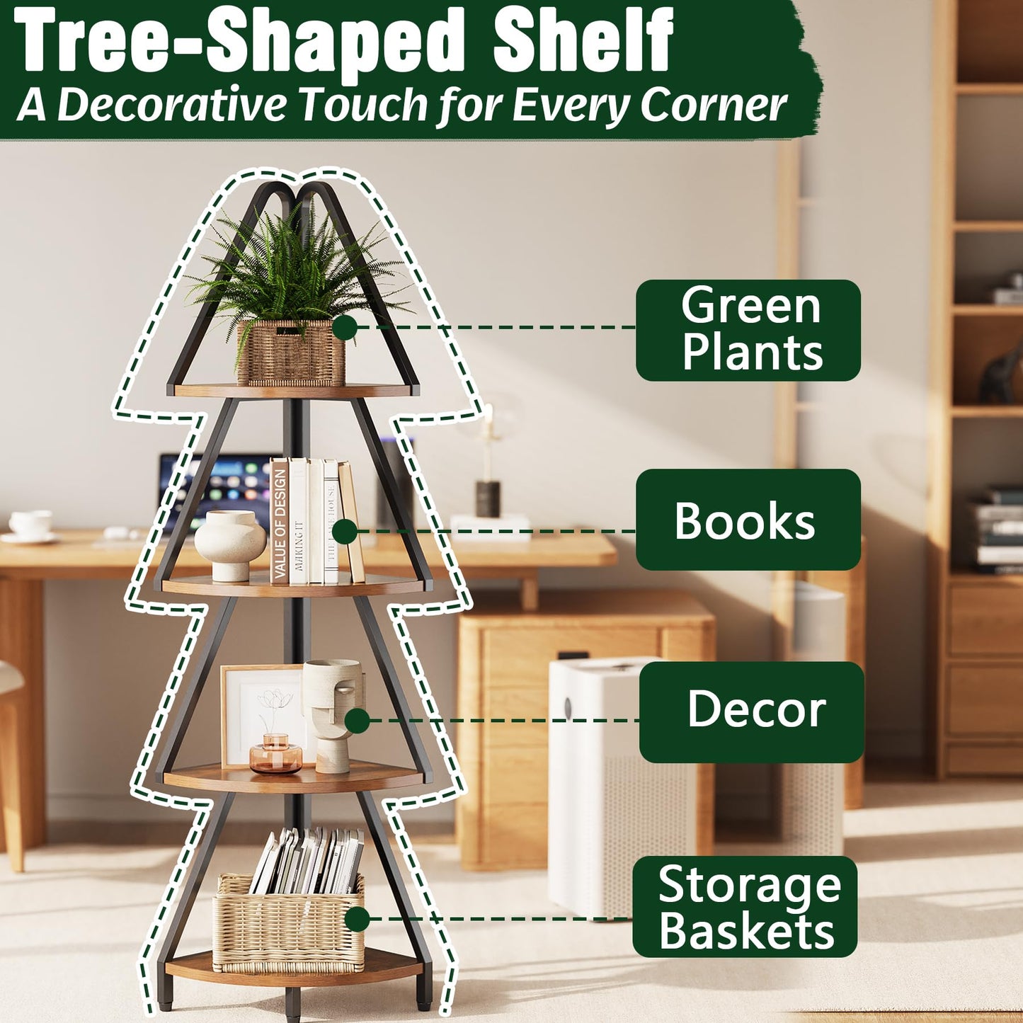 Espelism 4-Tier Corner Shelf Stand, 53.1” Tall Industrial Standing Display Shelf Storage Rack,Narrow Plant Stand,Tree Design Corner Bookshelf for Living Room, Bedroom, Office (Brown, 4-Tier)
