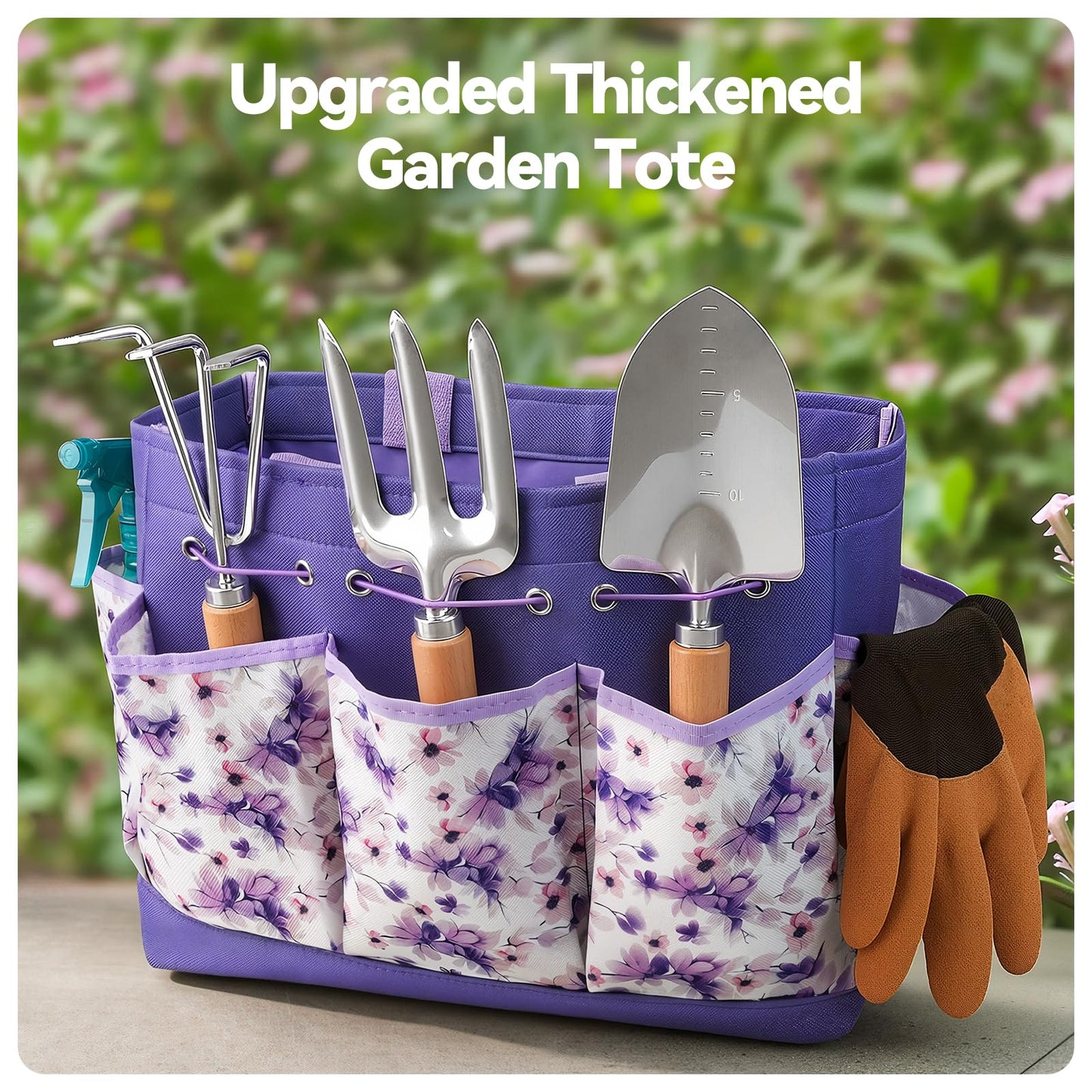Grenebo Gardening Tools 9-Piece Heavy Duty Garden Hand Tools with Fashion and Durable Garden Tools Organizer Handbag, Rust-Proof Garden Tool Set, Ideal Gardening Gifts for Women (Purple)